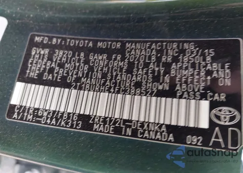 2015 Toyota Corolla Le from USA, damaged, VIN 2T1BURHE4FC388527